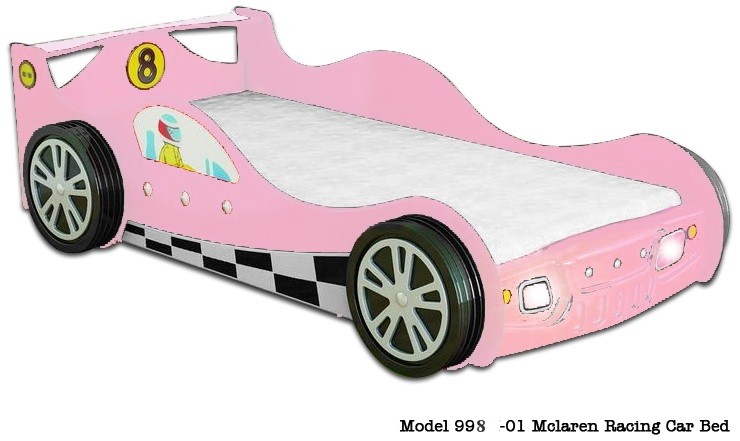 Детская кровать-машина из МДФ с подсветкой. Кровать - Гоночная машина Макларен - Mc Laren Racing Car СО СВЕТЯЩИМИСЯ ФАРАМИ, артикул 998-1, цвет розовый, в комплекте с матрацем 190х90 см