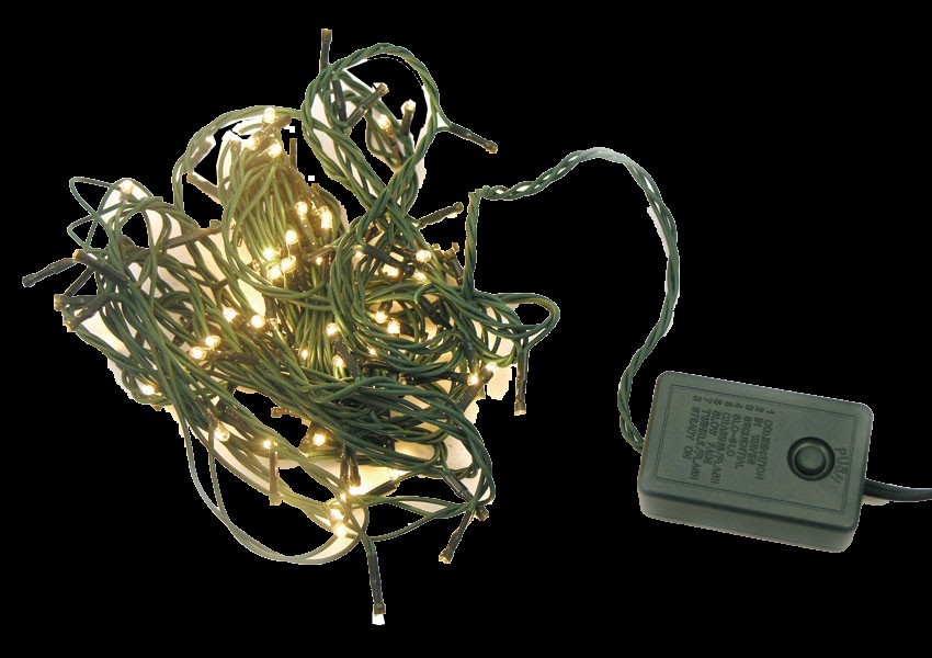 Новогодняя электрогирлянда на елку 100 ламп, рис, белые лампочки, на зеленом проводе, длина 6,62 метров, + 1,5 метра шнур до розетки, упакована в коробке, артикул Е40001, фирма Snowmen