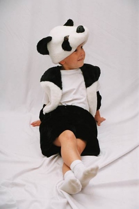 В нашем костюме, дизайнерам очень хорошо получилось передать необычность такого почти неземного зверька как панда. Белая маска-шапочка с черными ушками и пятнами вокруг глаз, жилетка с черными и белыми вставками и черные шортики. 