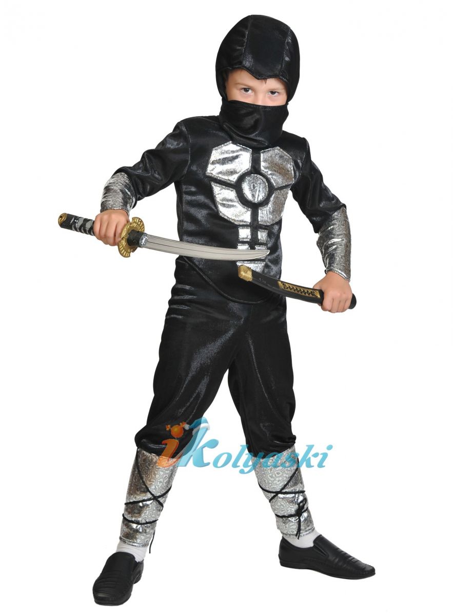 костюм Ниндзя Черный с серебром, с мускулатурой,  меч-катана в комплекте, размер L, рост 134-140 см, на 9-12 лет