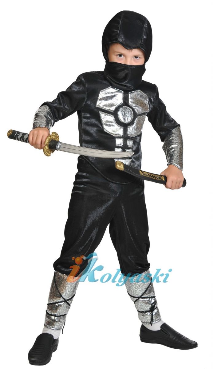 	 Костюм Ниндзя Смоук, костюм Ниндзя Нуб Сайбот, костюм Ниндзя Черный с серебром, с мускулатурой,  меч-катана в комплекте, размер S, рост 116-122 см, на 4-6 лет