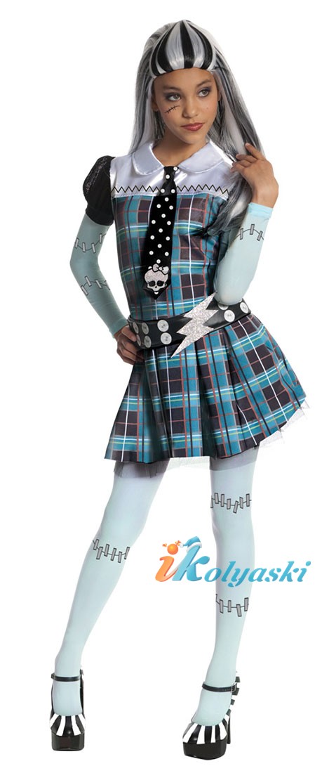 Костюм Монстер Хай Фрэнки Штейн, детский карнавальный костюм Монстр Хай Фрэнки Штейн, размер L, на 7-10 лет, рост 120-140 см, лицензионный, Rubies. В комплекте: платье, галстук, пояс, леггинсы.
