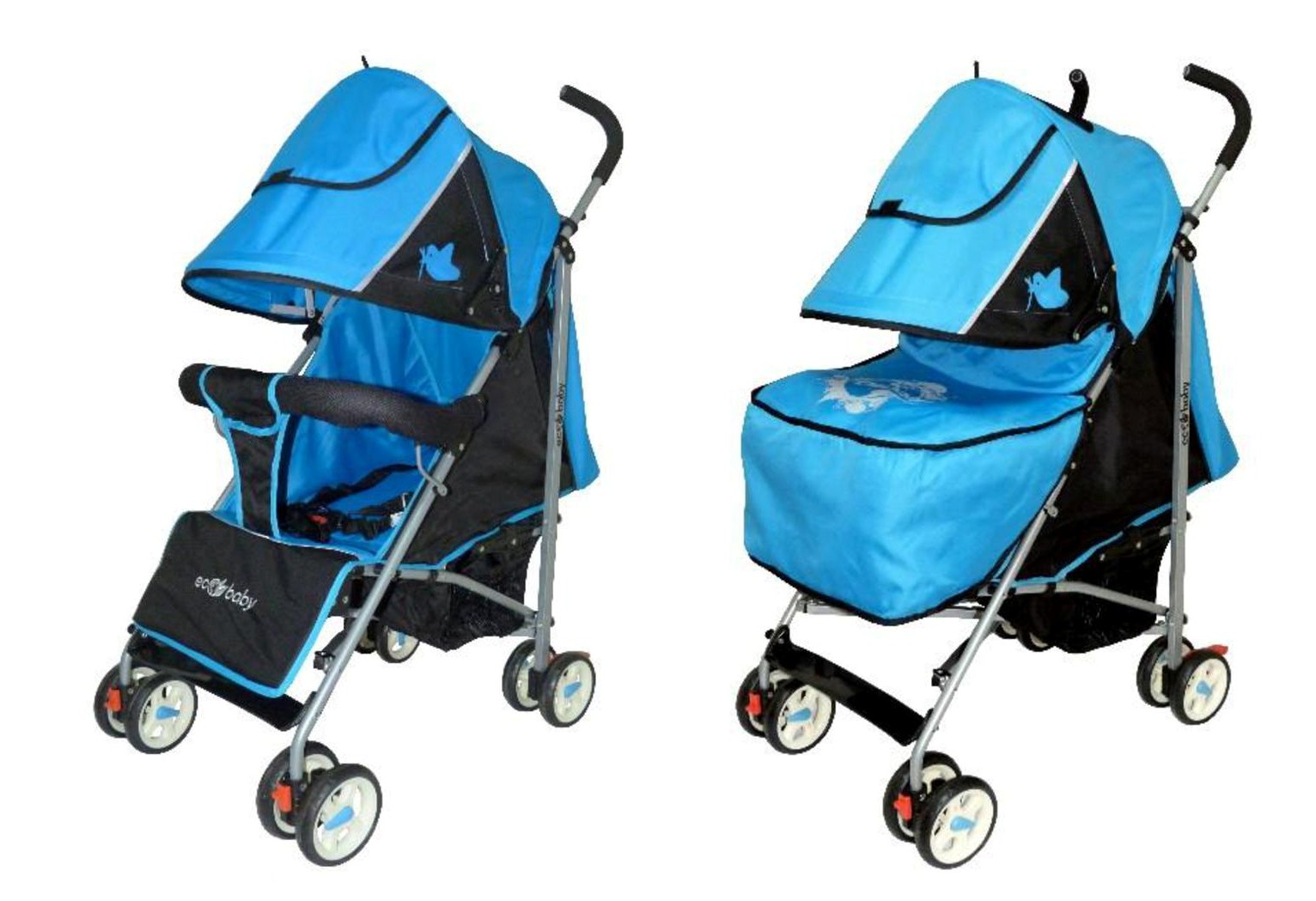 Детская коляска трость, коляска трость Ecobaby Tropic, Экобейби Тропик, с накидкой на ножки, цвет Sky, ярко-голубой с графитовым, коляска-трость на осень, трость с большим капором до бампера, трость с лежачим положением спинки, самая легкая трость