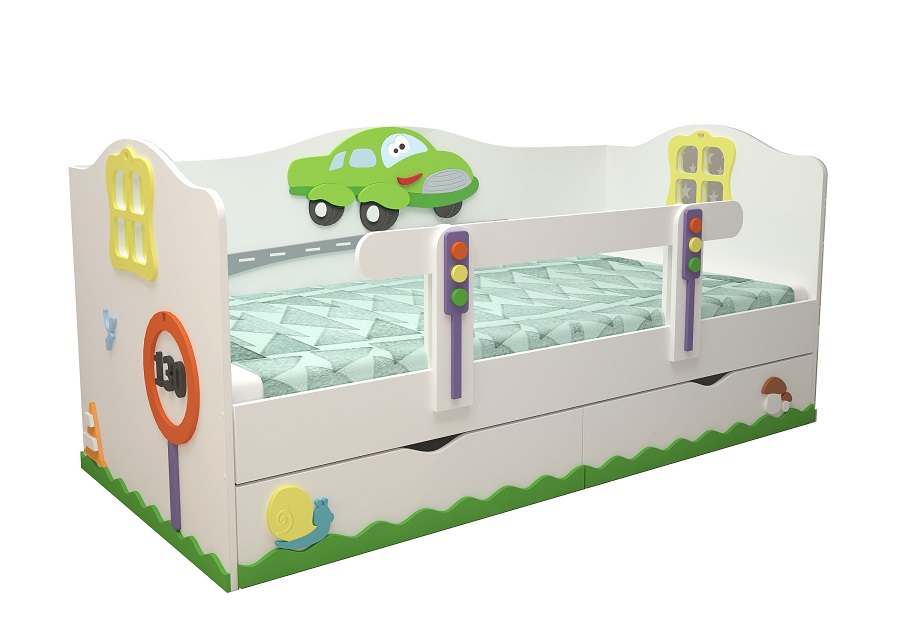 Детская кровать с бортиками со съемным бортиком и ящиками Тачки для мальчика Ecobaby-Д.