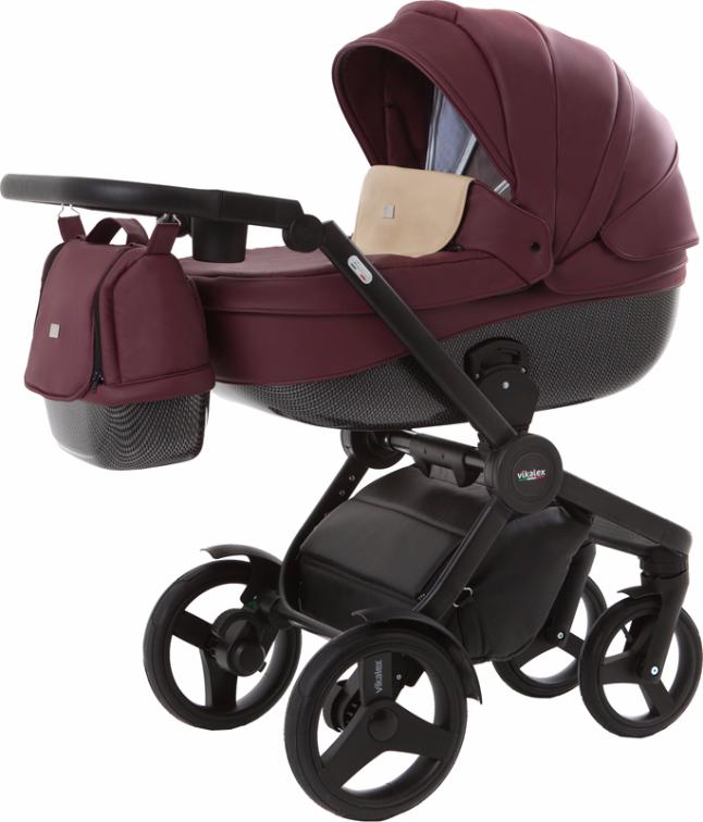 Vikalex Borbona коляска для новорожденных 3 в 1 на поворотных колесах, отделка карбон, Италия, цвет Leather Bordo