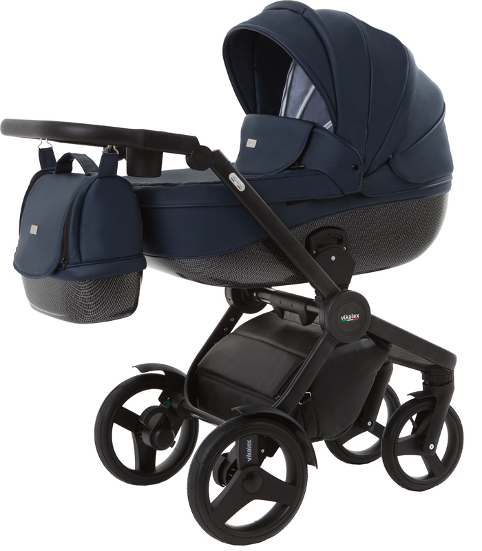 Vikalex Borbona коляска для новорожденных 3 в 1 на поворотных колесах, отделка карбон, Италия, цвет Leather Dark Blue