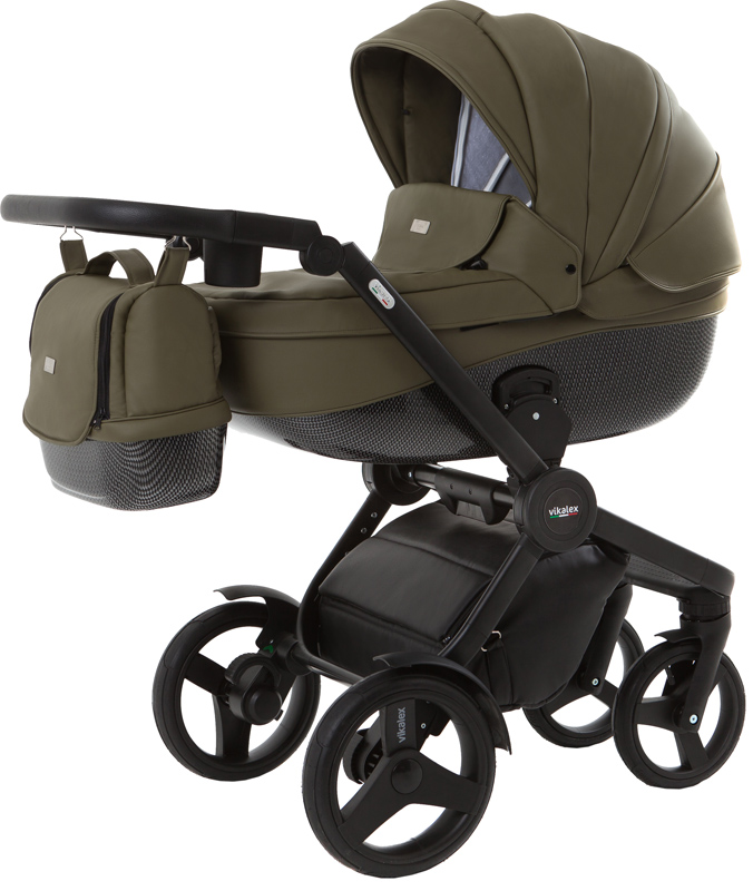 Vikalex Borbona коляска для новорожденных 3 в 1 на поворотных колесах, отделка карбон, Италия, цвет Leather Green