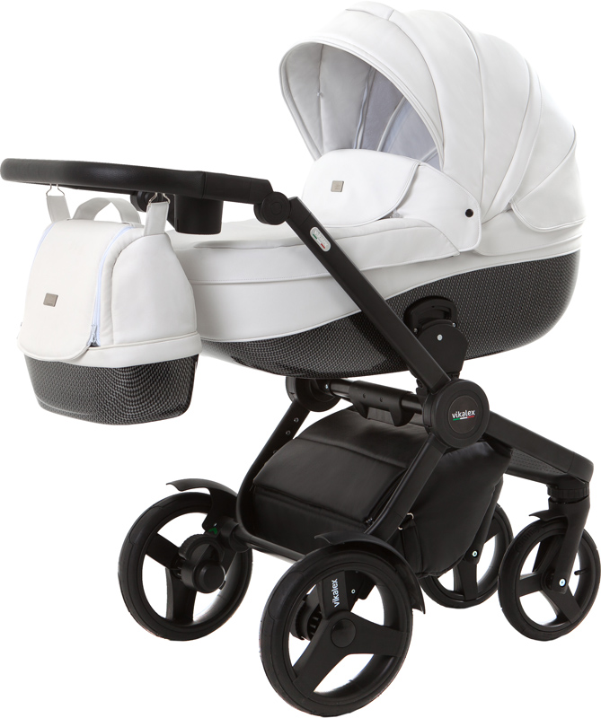 Vikalex Borbona коляска для новорожденных 3 в 1 на поворотных колесах, отделка карбон, Италия, цвет Leather White