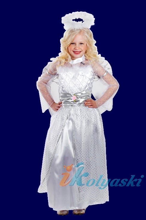 Костюм Ангела, Детский карнавальный костюм Ангела, красивое белое платье с крыльями и нимбом,  размер S, рост 116-122 см, фирма Карнавалия