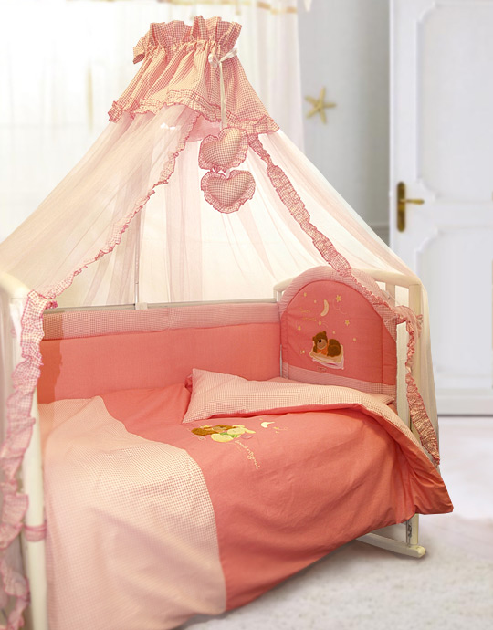 Комплект в кроватку 7 предметный с балдахином, Элит, артикул 034-5, цвет розовый, Кидс Комфорт, комплект постели в детскую кроватку, набор постельных принадлежностей для детской кроватки, постель для новорожденного, комплект с балдахином защитными бо