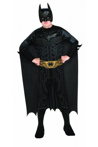Новый костюм Бэтмена Темный Рыцарь - The Dark Knight Trilogy с 3D пластиковой маской, комбинезон с принтованной мускулатурой на груди и ногах, плащ, ремень, 2 батаранга в комплекте, размер М на 6-9 лет, рост 116 -130 см, в коробке, Rubies