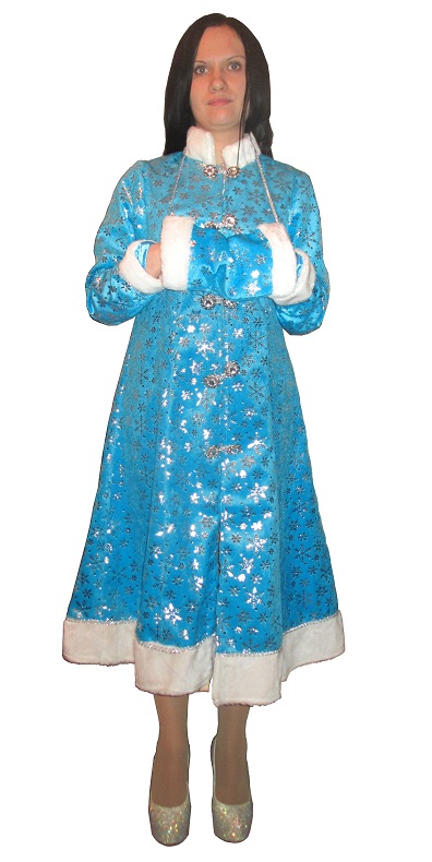 Новогодний костюм Снегурочки для взрослых, шубка, муфта, голубой (бирюзовый оттенок) с серебряными снежинками, костюм Снегурки,  размер 44-46, фирма Батик-ЛМ, Россия