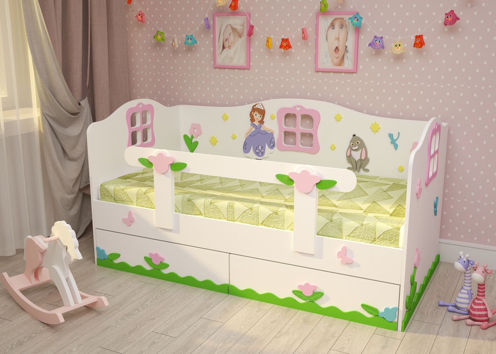 Детская кровать с бортиами со съемным бортиком и ящиками Принцесса Экобейби-Д.