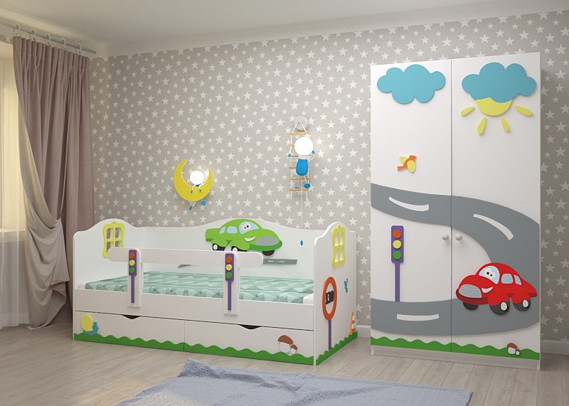 Детская мебель для мальчика: кровать с бортиками и шкаф для одежды 2-х створчатый Тачки для мальчиков Экобейби-Д