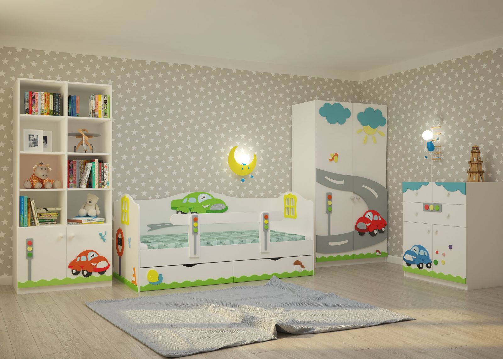 Детская белая спальня для мальчика Тачки Ecobaby-Д