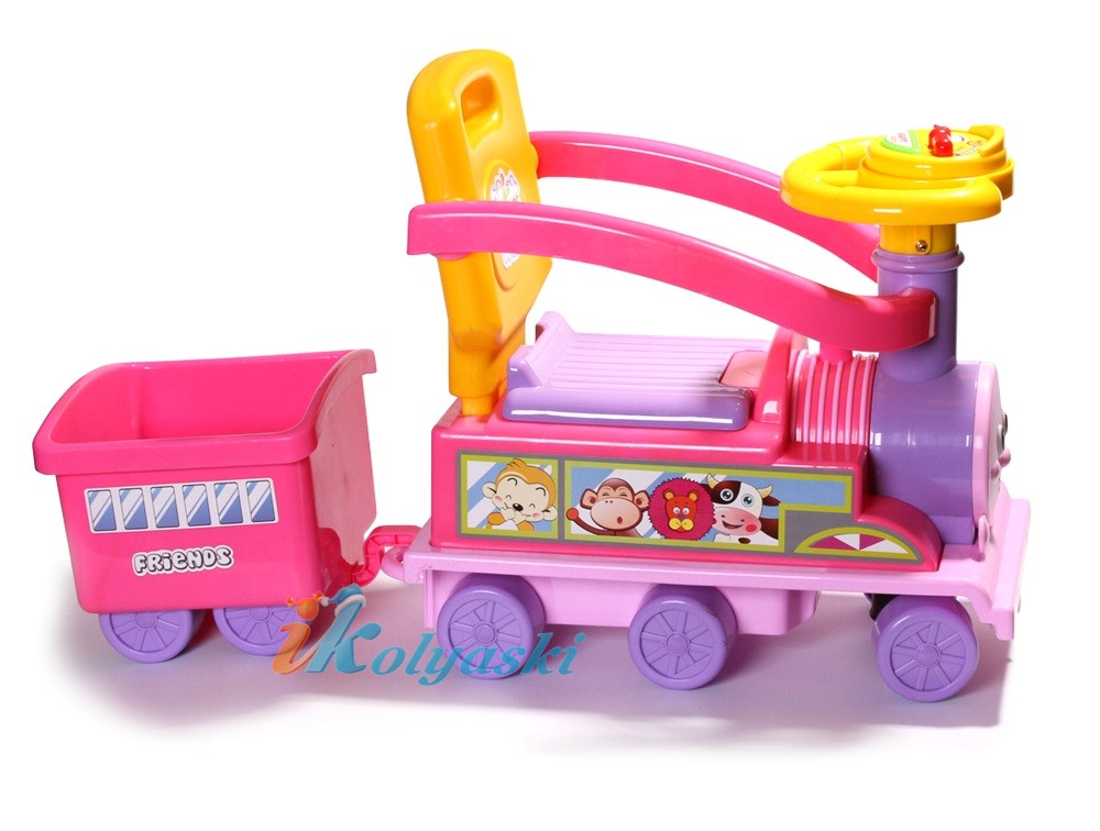 Детская каталка поезд, паровоз Prince Toys Train Happy Friends от 1 года, РОЗОВЫЙ  с сиренево-желтой отделкой, артикул 552, фирма Prince Toys. Детская каталка-поезд Prince Toys Train, детские каталки Prince Toys, каталка детская, детская каталка паровоз, детская каталка поезд, детская каталка паровоз на колесах, каталка детская фото