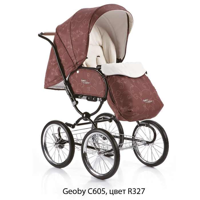 Детская коляска для новорожденных Geoby C605 Katarina, Геоби С605 Катарина 2 в 1 с прогулочной, спальная коляска, ретро классика на больших колесах, гламурная коляска со шторками на хромированной раме, коляска для новорожденных, коляска люлька
