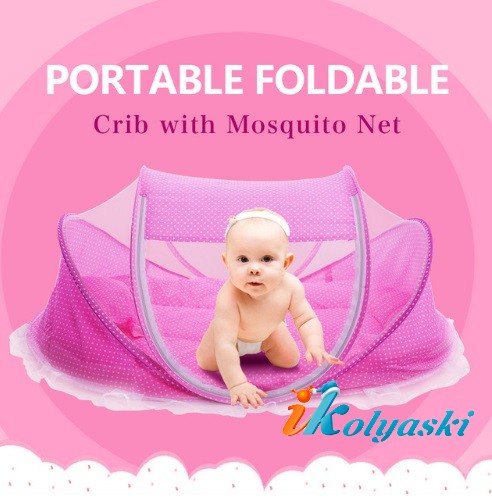 Ecobaby Sweet Cloud - детская компактная складная колыбелька-люлька с куполом москитной сеткой, матрасом и подушечкой, цвет РОЗОВЫЙ,  легкая люлька для новорожденных Экобейби Сладкое Облачко