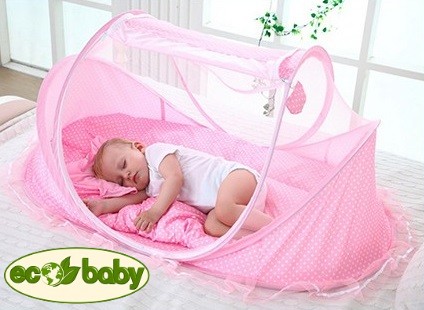 Ecobaby Sweet Cloud - детская компактная складная колыбелька-люлька с куполом москитной сеткой, матрасом и подушечкой, цвет РОЗОВЫЙ,  Экобейби Сладкое Облачко