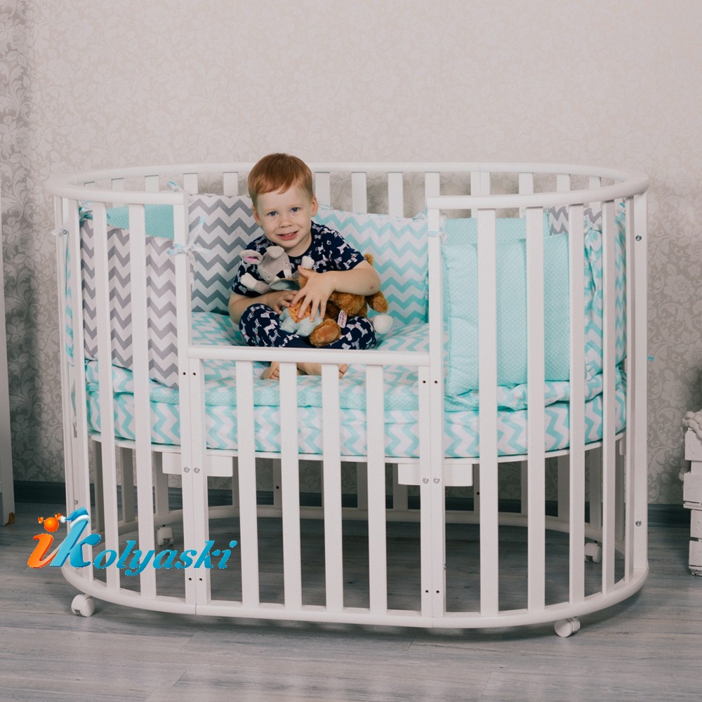 Детская кругло-овальная кроватка для новорожденных, кровать детская Nobelёv 7 в 1, размеры: люлька - 75х75 см; кроватка/манеж/диванчик - 125х75 см, цвет белый, ваниль, шоколад