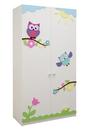 Красивый белый шкаф с цветными выпуклыми аппликациями в детскую комнату для девочки, дизайн Совушки