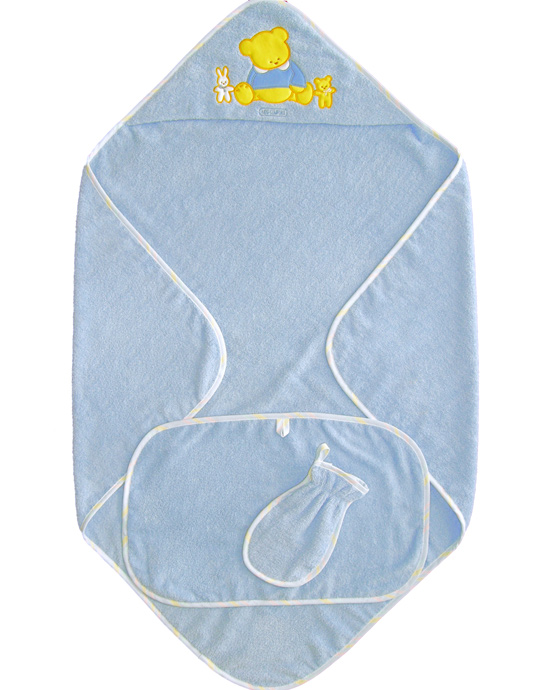 Комплект банный детский Мишка, цвет голубой, артикул 065, Кидс Комфорт, набор детских полотенец, массажная варежка, полотенце с капюшоном