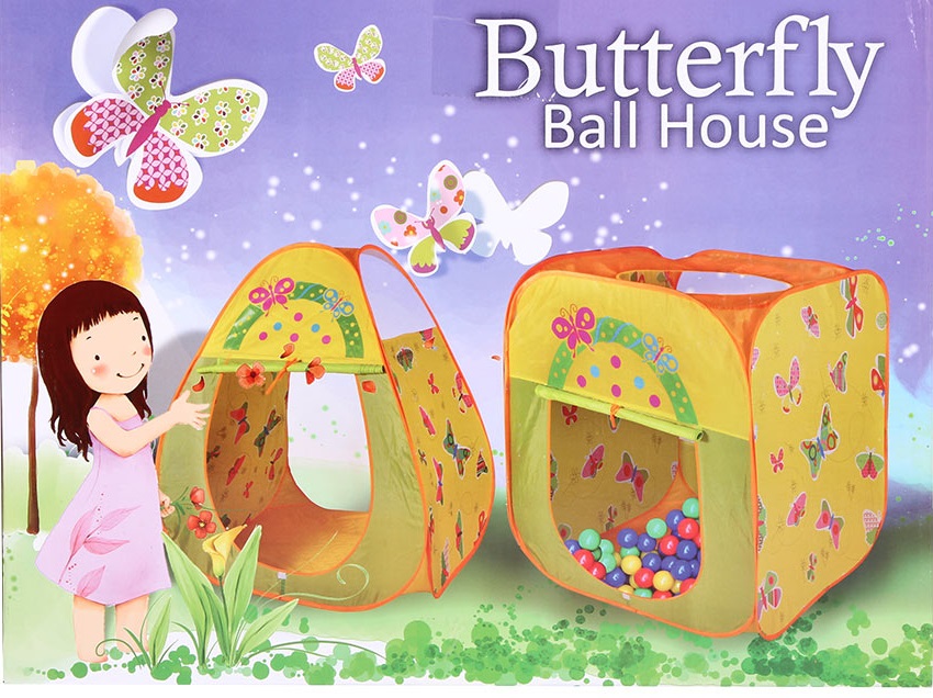 Детский игровой домик тент с шариками БАБОЧКИ, 100 шариков, размер домика 85х85х100 см, артикул LI521. Игровой домик палатка для девочек.