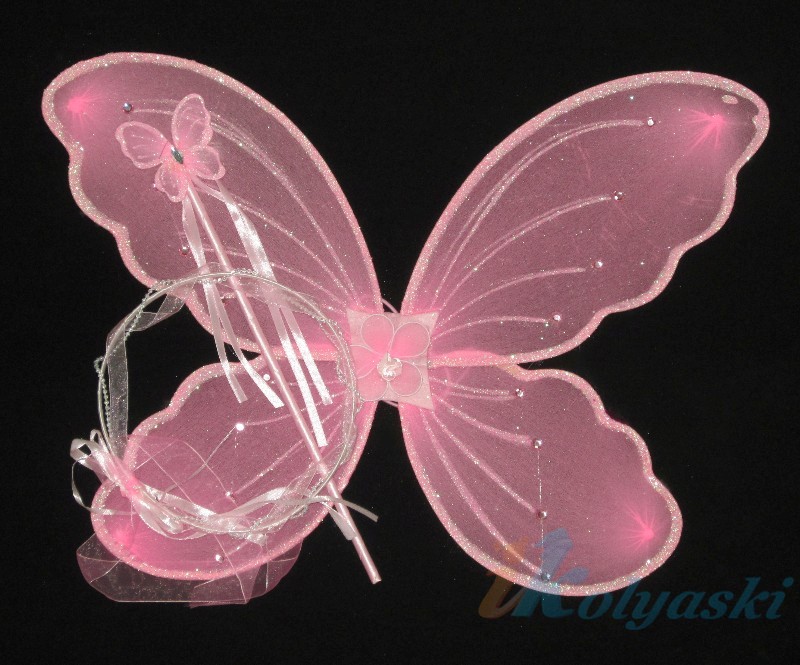 Крылья бабочки, крылья волшебной феи Winx, крылья феи Винкс,  крылья волшебной феи бабочек. Карнавальный набор: крылья бабочки двойные, ободок, волшебная палочка-бабочка со стразами и бусы (Winx), размер крыльев 33 см, 4 цвета, артикул Е91191, фирма 