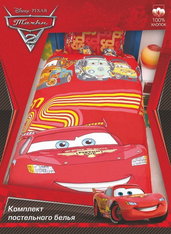 Пододеяльник 1,5 полутороспальный детский Тачки на красном Disney Pixar 100% хлопок, бязь, размер 210х145 см 