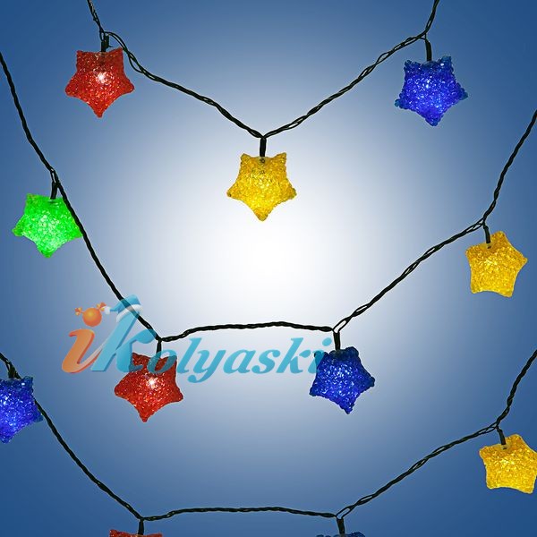Новогодняя электрическая светодиодная гирлянда КРИСТАЛЛИЧЕСКАЯ ЗВЕЗДА, 20 светодиодных ламп LED многоцветных,зелёный кабель 2.66 м + 0.75м до розетки, нет режимов мигания, артикул Е96357, Snowmen.  Новогодняя электрическая светодиодная гирлянда КРИСТАЛЛИЧЕСКАЯ ЗВЕЗДА, светодиодные гирлянды на елку, светодиодные елочные гирлянды, купить светодиодную елочную гирлянду, светодиодные гирлянды на елку