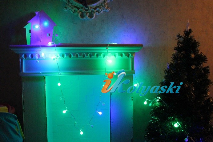 Новогодняя елочная электрическая светодиодная гирлянда LED МАРМЕЛАДНЫЕ ШАРИКИ, 2 см,  38 ламп, 4 цвета, 2/8 ф, прозрачный провод, 5,3 метра, в ПВХ, артикул Е92142, Snowmen