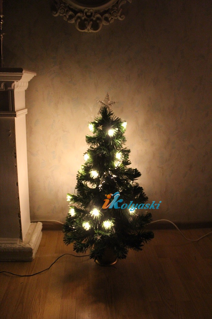 Новогодняя светодиодная елка-световод Золотая звездочка со светодиодами со светящимися иголками, оптоволоконная елка с мигающими светодиодами теплым бело-золотым светом, 90 см, 80 ламп LED, подставка золотое ведро, фирма Angel Tree ArtWare, Чехия, изготовитель КНР