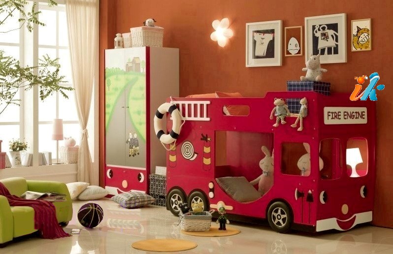 американский дизайн детской комнаты для двух детей, двухъярусная кровать-автобус