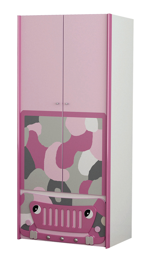 Детский шкаф для одежды, серия Веселый Джип, цвет розовый, камуфляж, материал МДФ,  шкаф для одежды детский, детский шифоньер в комнату для девочки, американская детская мебель