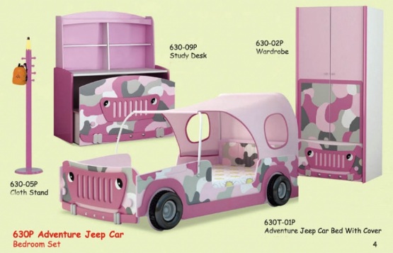 Детская спальня 6 предметов, с кроватью-джипом с тентом для девочки, артикул 630. Цвет: розовый камуфляж