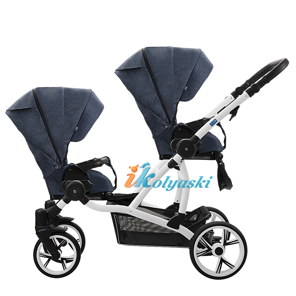 Стильная модная коляска для двойни паровозиком, коляска-тандем Aro Team TWINAT DUO ЦВЕТ 04 ДЖИНСОВАЯ