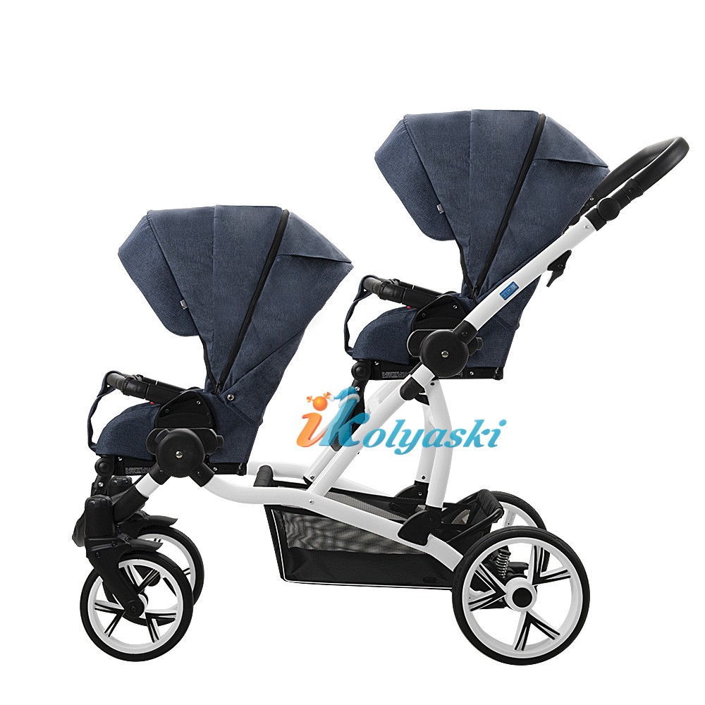 Стильная модная коляска для двойни паровозиком, коляска-тандем Aro Team TWINAT DUO ЦВЕТ 04 ДЖИНСОВАЯ ПРОГУЛОЧНЫЙ БЛОК