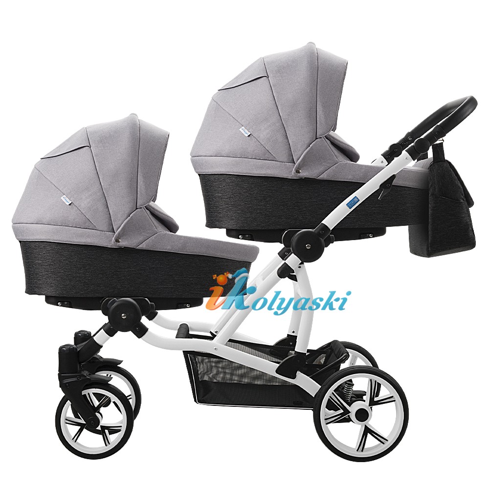 Стильная модная коляска для двойни паровозиком, коляска-тандем Aro Team TWINAT DUO ЦВЕТ 05 ТЕМНО-СЕРАЯ СО СВЕТЛО-СЕРЫМ ЛЮЛЬКИ