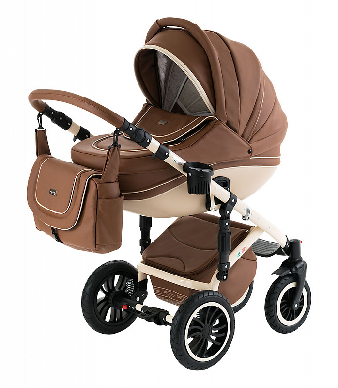 Коляска 3 в 1 Vikalex Ferrone, детская коляска для новорожденных 3 в 1 на поворотных колесах Vikalex Ferrone leather, кожаная коляска с автокреслом Италия, цвет Cappuccino