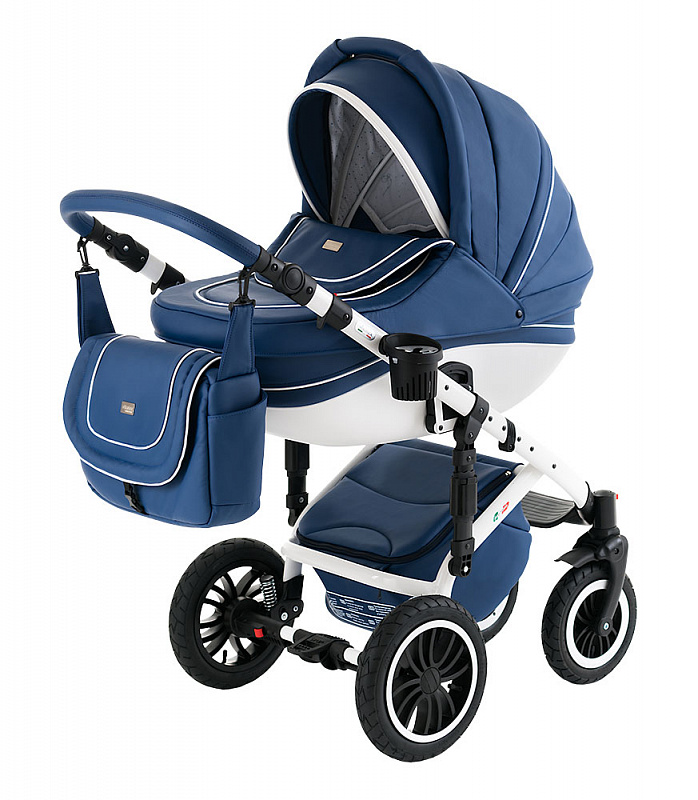 Коляска 3 в 1 Vikalex Ferrone, детская коляска для новорожденных 3 в 1 на поворотных колесах Vikalex Ferrone leather, кожаная коляска с автокреслом Италия, цвет Navy Blue