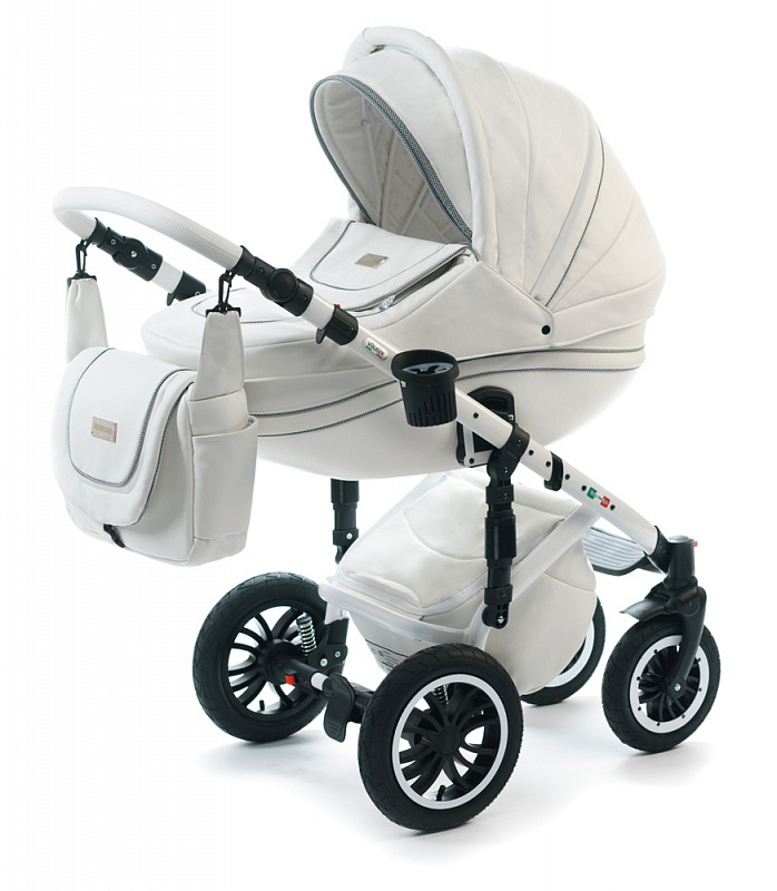 Коляска 3 в 1 Vikalex Ferrone, детская коляска для новорожденных 3 в 1 на поворотных колесах Vikalex Ferrone leather, кожаная коляска с автокреслом Италия, цвет White