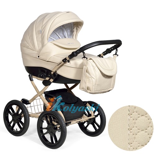 Коляска 2 в 1 INDIGO 18 Special Plus колеса надувные 14 дюймов, коляска для новорожденного  пошита из экокожи, бежевая коляска, кремовая кожаная коляска