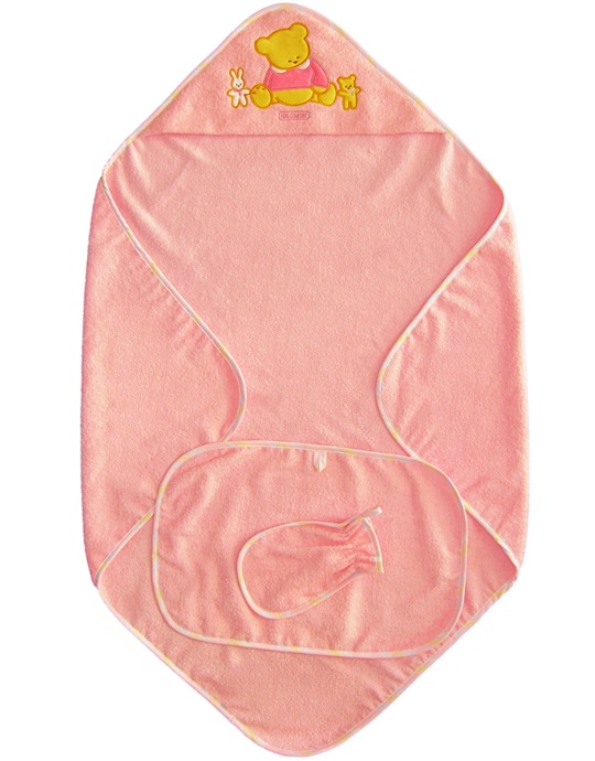 Комплект банный детский, Мишка, цвет розовый, артикул 065, Кидс Комфорт, детские полотенца, набор для купания, махровая массажная варежка, комплект банный купить, для новорожденных, комплект для купания