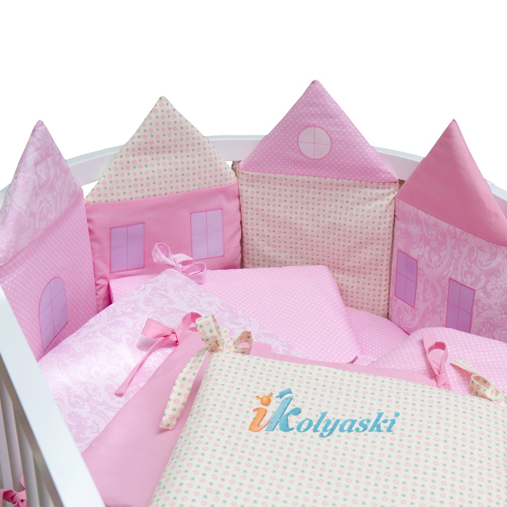 Комплект в круглую, овальную, прямоугольную кроватку для новорожденного, универсальный, 14 предметов,  ALIS ДОМИКИ РОЗОВЫЙ.   Комплект в круглую кроватку для новорожденных, комплект в овальную кроватку, комплект в прямоугольную кроватку для новорожденного, комплект в кроватку, купить комплект в кроватку, куплю комплект в кроватку, комплекты в кроватки, комплект в кроватку для новорожденного, комплект в детскую кроватку