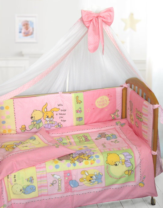 Комплект в кроватку для новорожденных, комплект в кроватку Дрема 043-1, 7 предметный, комплект в кроватку с балдахином, розовый, комплект в кроватку купить, красивая постель, детская постель, балдахин, как крепить балдахин в детскую кроватку