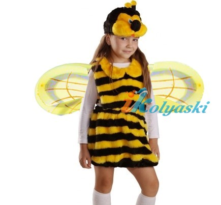 Костюм Пчелки с крыльями, костюм Пчелы для девочки. Детский карнавальный костюм из искусственного меха Пчелка, сарафан и шапка, фирмы Остров игрушки 