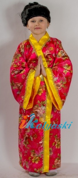 Костюм японки для девочки, детский карнавальный костюм японки, костюм Гейши с париком,  кимоно японки, размер  М,  на 7-11 лет, рост 128-134 см, серии Карнавалия Премиум