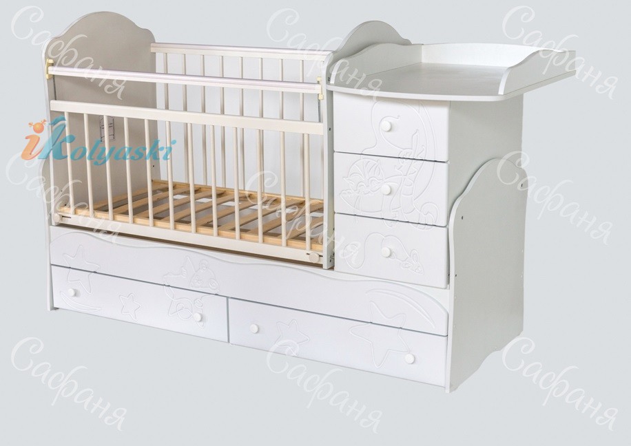 Детская кроватка-трансформер для новорожденных Сафаня МДФ Кошки-Мышки, кроватка с поперечным маятником и с пеленальным комодом, цвет белый, ложе 120х60 - 170х60 см