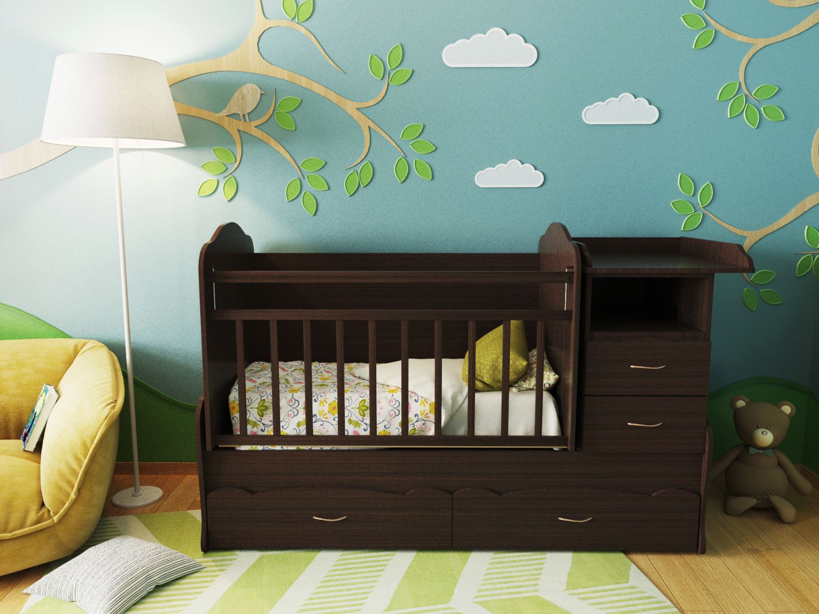 Детская кроватка-трансформер Алиса, кроватка для новорожденных с пеленальным комодом, подростковая кровать + письменный стол с ящиками