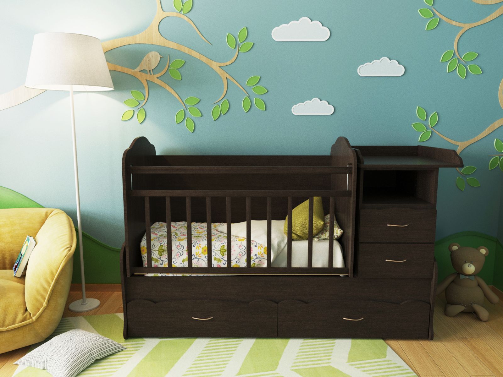 Детская кроватка-трансформер Алиса, кроватка для новорожденных с пеленальным комодом, подростковая кровать + письменный стол с ящиками,
